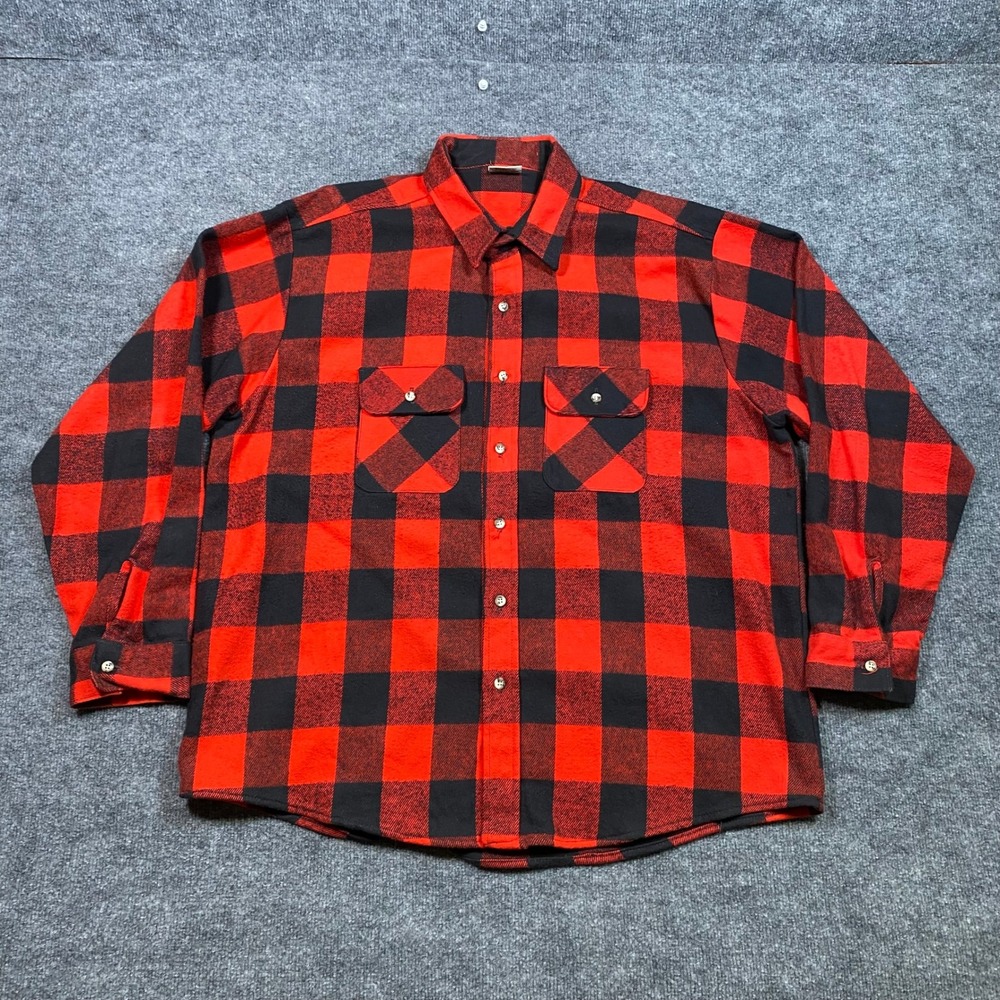 FiveBrother Mens 2XL Red Black Buffalo Plaid Flannel Shirt Heavy Cotton Made USA